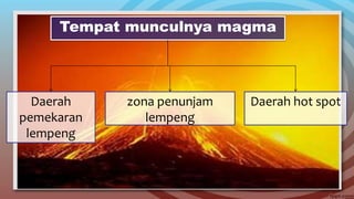 Daerah
pemekaran
lempeng
Tempat munculnya magma
zona penunjam
lempeng
Daerah hot spot
 
