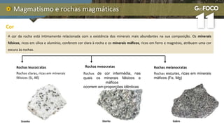 Magmatismo e rochas magmáticas
Cor
A cor da rocha está intimamente relacionada com a existência dos minerais mais abundantes na sua composição. Os minerais
félsicos, ricos em sílica e alumínio, conferem cor clara à rocha e os minerais máficos, ricos em ferro e magnésio, atribuem uma cor
escura às rochas.
Rochas leucocratas Rochas mesocratas Rochas melanocratas
Rochas claras, ricas em minerais
félsicos (Si, Aℓ)
Rochas de cor intermédia, nas
quais os minerais félsicos e
máficos
ocorrem em proporções idênticas
Rochas escuras, ricas em minerais
máficos (Fe, Mg)
Granito Diorito Gabro
 