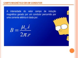 A intensidade do vetor campo de indução
magnética gerado por um condutor percorrido por
uma corrente elétrica é dada por:

µo .i
B=
2π .r

 