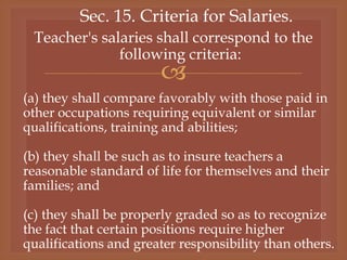 
Sec. 15. Criteria for Salaries.
Teacher's salaries shall correspond to the
following criteria:
(a) they shall compare favorably with those paid in
other occupations requiring equivalent or similar
qualifications, training and abilities;
(b) they shall be such as to insure teachers a
reasonable standard of life for themselves and their
families; and
(c) they shall be properly graded so as to recognize
the fact that certain positions require higher
qualifications and greater responsibility than others.
 