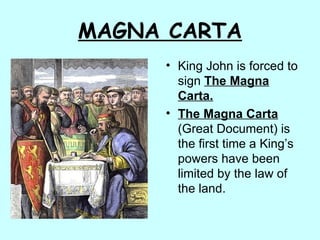 MAGNA CARTA King John is forced to sign  The Magna Carta. The Magna Carta  (Great Document) is the first time a King’s powers have been limited by the law of the land. 