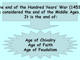 The end of the Hundred Years’ War (1453)  is considered the end of the Middle Ages.  It is the end of: Age of Chivalry Age of Faith Age of Feudalism 