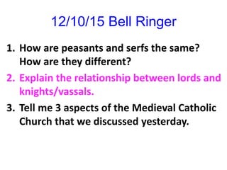 12/10/15 Bell Ringer
1. How are peasants and serfs the same?
How are they different?
2. Explain the relationship between lords and
knights/vassals.
3. Tell me 3 aspects of the Medieval Catholic
Church that we discussed yesterday.
 