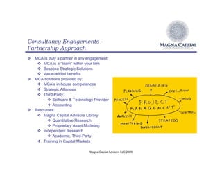 Consultancy Engagements -
Partnership Approach
!   MCA is truly a partner in any engagement:
     ! MCA is a “team” within your firm
     ! Bespoke Strategic Solutions
     ! Value-added benefits
!   MCA solutions provided by:
     ! MCA’s in-house competences
     ! Strategic Alliances
     ! Third-Party:
          ! Software & Technology Provider
          ! Accounting
!   Resources:
     ! Magna Capital Advisors Library
          ! Quantitative Research
          ! Proprietary Asset Modeling
     ! Independent Research
          ! Academic, Third-Party
     ! Training in Capital Markets

                                  Magna Capital Advisors LLC 2009
 