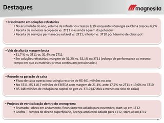 2
Destaques
• Crescimento em soluções refratárias
• No acumulado do ano, volume de refratários cresceu 8,1% enquanto siderurgia ex-China cresceu 6,2%
• Receita de minerais recuperou vs. 2T11 mas ainda aquém do potencial
• Receita de serviços permaneceu estável vs. 2T11, inferior vs. 3T10 por término de obra spot
• Recorde na geração de caixa
• Fluxo de caixa operacional atingiu recorde de R$ 461 milhões no ano
• No 3T11, R$ 118,7 milhões de EBITDA com margem de 21,1%, ante 17,7% no 2T11 e 19,0% no 3T10
• R$ 148 milhões de redução no capital de giro vs. 3T10 (47 dias a menos no ciclo de caixa)
• Viés de alta da margem bruta
• 31,7 % no 3T11 vs. 31,4% no 2T11
• Em soluções refratárias, margem de 32,2% vs. 32,1% no 2T11 (esforço de performance ao mesmo
tempo em que as matérias-primas continuam pressionadas)
• Projetos de verticalização dentro do cronograma
• Brumado - obras em andamento, financiamento adiado para novembro, start-up em 1T12
• Grafita – compra de direito superficiário, licença ambiental adiada para 1T12, start-up no 4T12
 