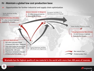 1818
Sinterco Dolomite JV (Belgium)
31 million tonnes of reserves
Expected life: 30 years
Brumado (Bahia-Brazil)
830 million estimated tonnes
of reserves (549 million measured)
Only mine to allow the economical
production of 98.3%-grade DBM
Expected life: ~200 years
The mine is connected to the port
of Aratu by the FCA railway
York Dolomite Mine (PA-USA)
25 million tonnes of reserves
Expected life: 45 years
Qingyang Dolomite Mine (China)
18 million tonnes of reserves
Expected life: 50 years
IV - Maintain a global low cost production base
Opportunities for further industrial and supply chain optimization
North American facility
(PA-USA)
European facilities (3 in
Germany and 2 in France)
South American facilities
(MG-Brazil and Argentina)
Asian facility (Chizhou-China)
Raw material flow
Finished product flow
Brumado has the highest quality of raw material in the world with more than 200 years of reserves
 
