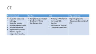 CF
Neuromuscular Cardiac ECG Hypocalcemia
• Muscular weakness
• Lethargy
• Muscular paresis
• Respiratory depression
• Respiratory failure
• hyporeflexia (usually
the first sign of
magnesium toxicity),
• Peripheral vasodilation
• Bradyaarhythmia
• Cardiac asystole
• Prolonged PR interval
• Increased QRS
duration
• Increased QT interval
• Completet heart block
Hypermagnesemia
decreased secretion of
PTH
 