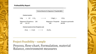 Process, flow-chart, Formulation, material
Balance, environment measures
Project Feasibility – sample
 