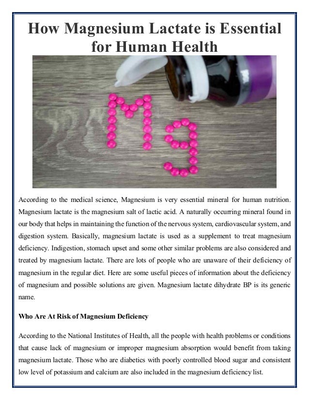 Magnesium lactate essential for human health