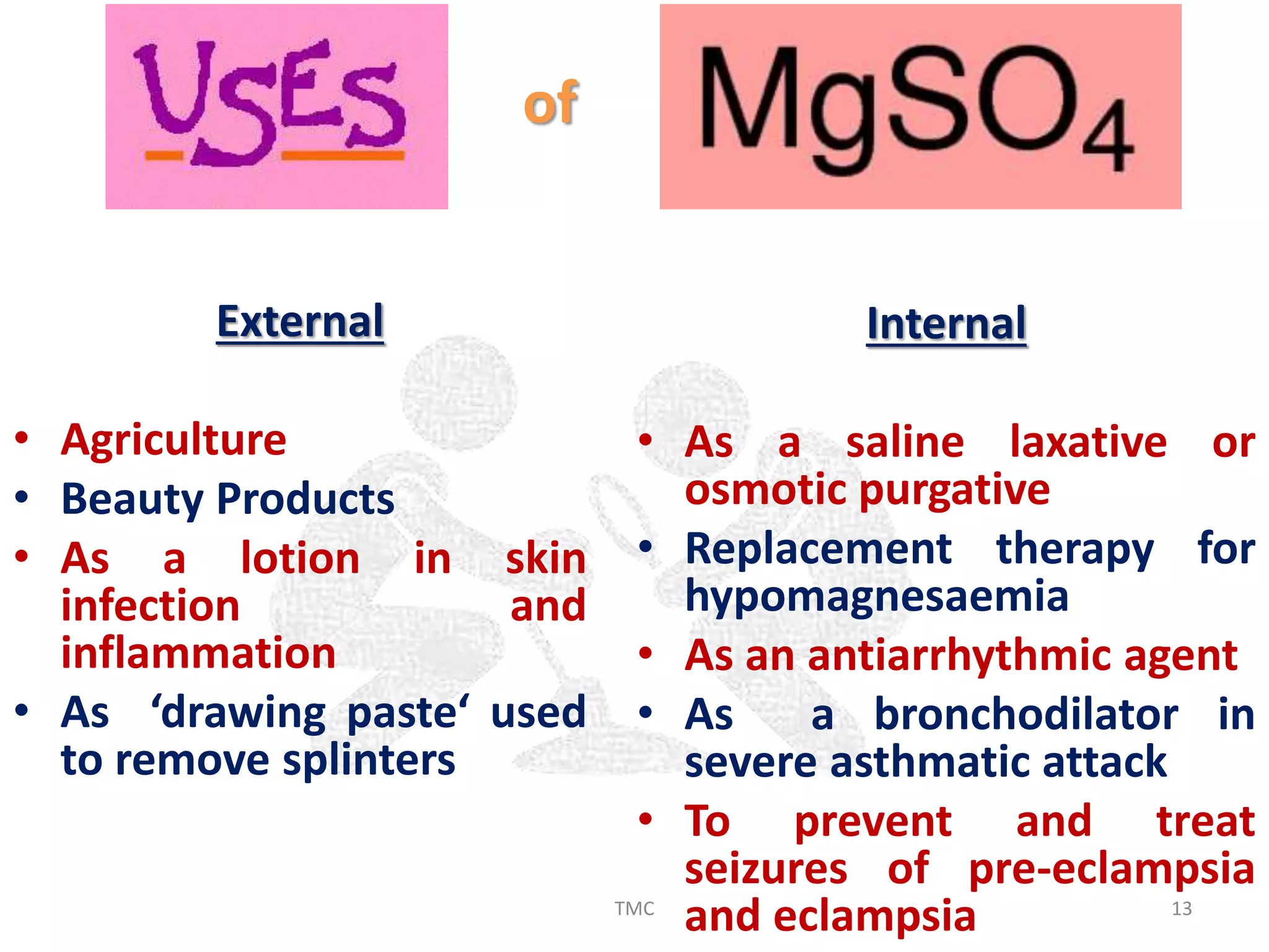 External
• Agriculture
• Beauty Products
• As a lotion in skin
infection and
inflammation
• As ‘drawing paste‘ used
to remove splinters
Internal
• As a saline laxative or
osmotic purgative
• Replacement therapy for
hypomagnesaemia
• As an antiarrhythmic agent
• As a bronchodilator in
severe asthmatic attack
• To prevent and treat
seizures of pre-eclampsia
and eclampsia
of
13TMC
 