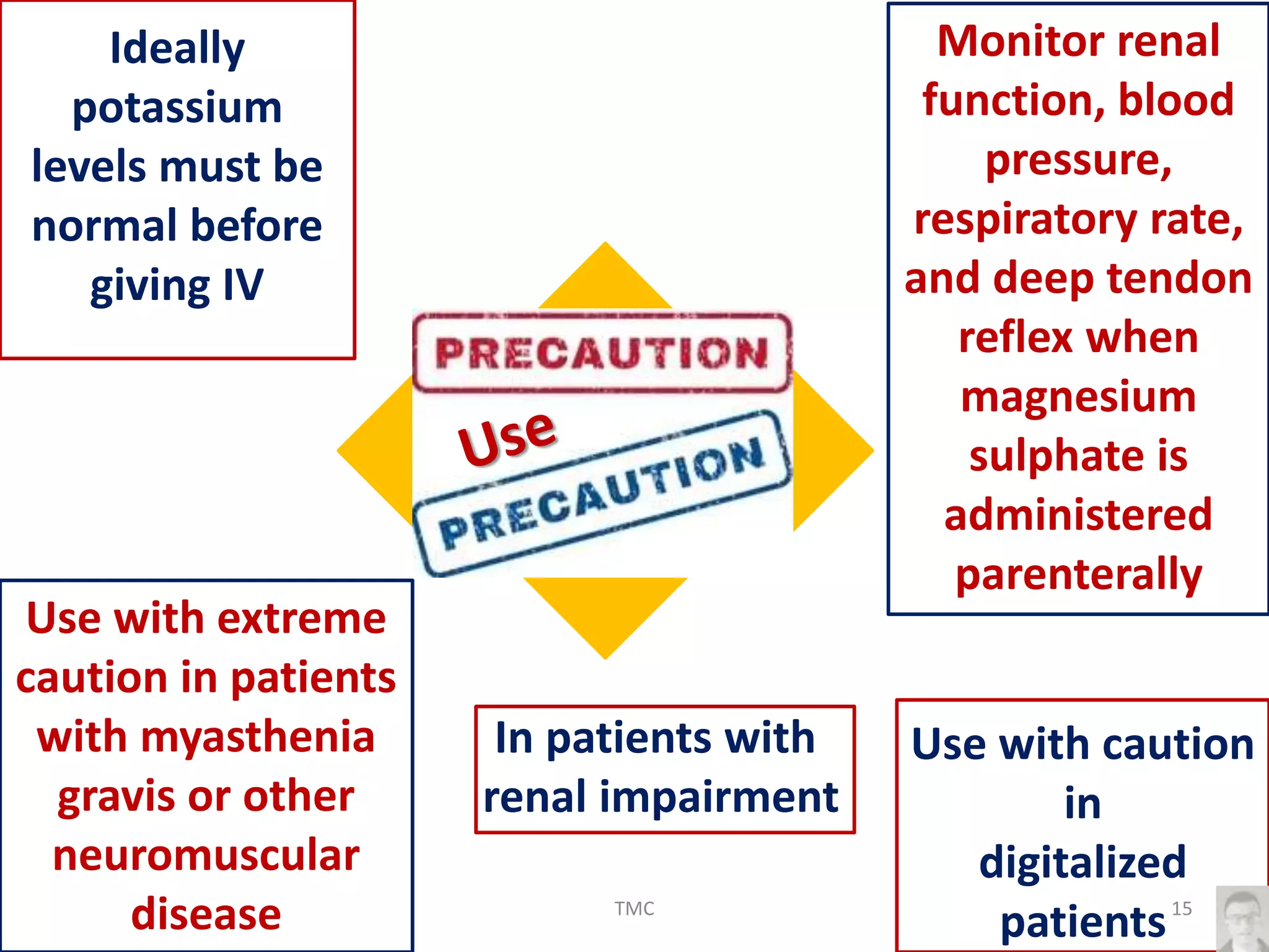 Use with caution
in
digitalized
patients
Use with extreme
caution in patients
with myasthenia
gravis or other
neuromuscular
disease
Monitor renal
function, blood
pressure,
respiratory rate,
and deep tendon
reflex when
magnesium
sulphate is
administered
parenterally
Ideally
potassium
levels must be
normal before
giving IV
In patients with
renal impairment
15TMC
 