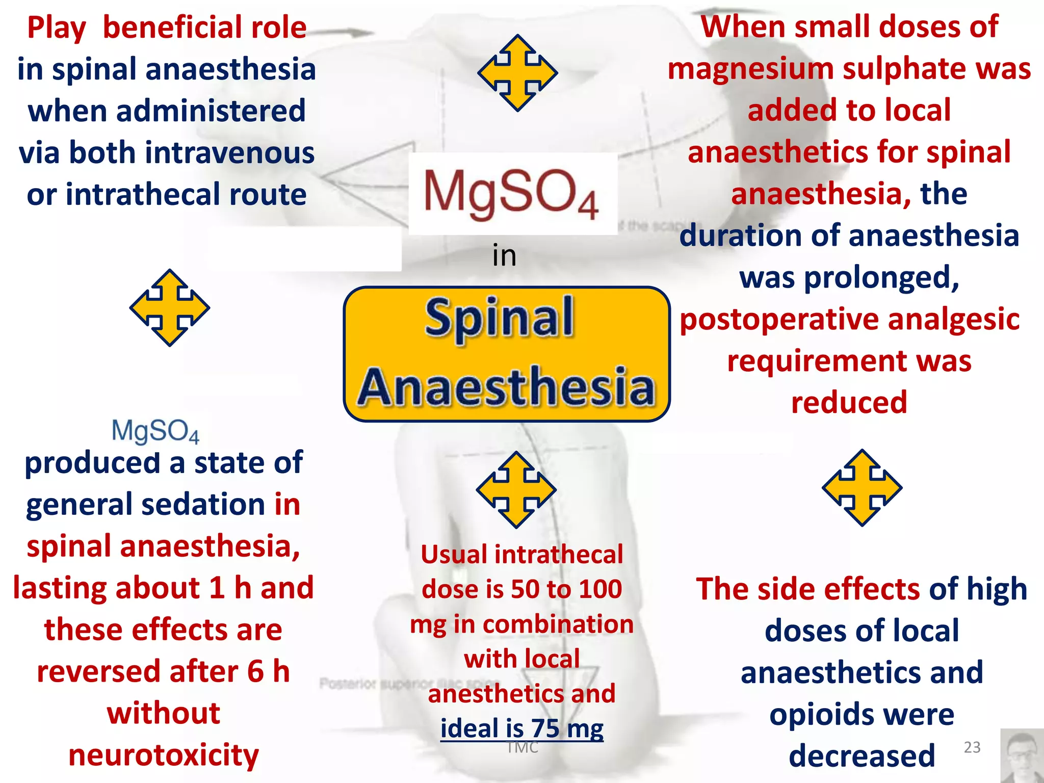 Play beneficial role
in spinal anaesthesia
when administered
via both intravenous
or intrathecal route
When small doses of
magnesium sulphate was
added to local
anaesthetics for spinal
anaesthesia, the
duration of anaesthesia
was prolonged,
postoperative analgesic
requirement was
reduced
produced a state of
general sedation in
spinal anaesthesia,
lasting about 1 h and
these effects are
reversed after 6 h
without
neurotoxicity
The side effects of high
doses of local
anaesthetics and
opioids were
decreased
Usual intrathecal
dose is 50 to 100
mg in combination
with local
anesthetics and
ideal is 75 mg
in
23TMC
 