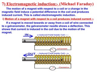 7) Electromagnetic induction:- (Michael Faraday)
The motion of a magnet with respect to a coil or a change in the
magnetic field induce a potential difference in the coil and produces
induced current. This is called electromagnetic induction.
i) Motion of a magnet with respect to a coil produces induced current :-
If a magnet is moved towards or away from a coil of wire connected
to a galvanometer, the galvanometer needle shows a deflection. This
shows that current is induced in the coil due to the motion of the
magnet.
 