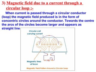 3) Magnetic field due to a current through a
circular loop :-
When current is passed through a circular conductor
(loop) the magnetic field produced is in the form of
concentric circles around the conductor. Towards the centre
the arcs of the circles become larger and appears as
straight line.
 