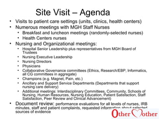 Site Visit – Agenda
• Visits to patient care settings (units, clinics, health centers)
• Numerous meetings with MGH Staff Nurses
• Breakfast and luncheon meetings (randomly-selected nurses)
• Health Centers nurses
• Nursing and Organizational meetings:
• Hospital Senior Leadership plus representatives from MGH Board of
Trustees
• Nursing Executive Leadership
• Nursing Directors
• Physicians
• Collaborative Governance committees (Ethics, Research/EBP, Informatics,
all CG committees in aggregate)
• Champions (e.g. Magnet, Pain, etc.)
• Ancillary and Support Service Departments (Departments that support
nursing care delivery)
• Additional meetings: Interdisciplinary Committees, Community, Schools of
Nursing, Human Resources, Nursing Education, Patient Satisfaction, Staff
Satisfaction, Peer Review and Clinical Advancement)
• Document review: performance evaluations for all levels of nurses, IRB
minutes, staff and patient complaints, requested information about selected
sources of evidence
 