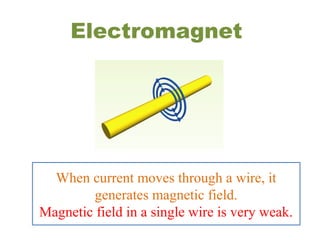 Electromagnet
When current moves through a wire, it
generates magnetic field.
Magnetic field in a single wire is very weak.
 