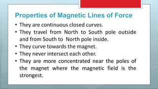 Properties of Magnetic Lines of Force
• They are continuous closed curves.
• They travel from North to South pole outside
and from South to North pole inside.
• They curve towards the magnet.
• They never intersect each other.
• They are more concentrated near the poles of
the magnet where the magnetic field is the
strongest.
 