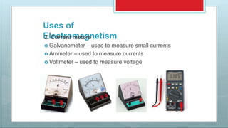 Uses of
Electromagnetism2. Current meters
 Galvanometer – used to measure small currents
 Ammeter – used to measure currents
 Voltmeter – used to measure voltage
 