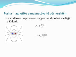 Fusha magnetike e magnetëve të përhershëm
Forca ndërmejt ngarkesave magnetike shprehet me ligjin
e Kulonit:
 