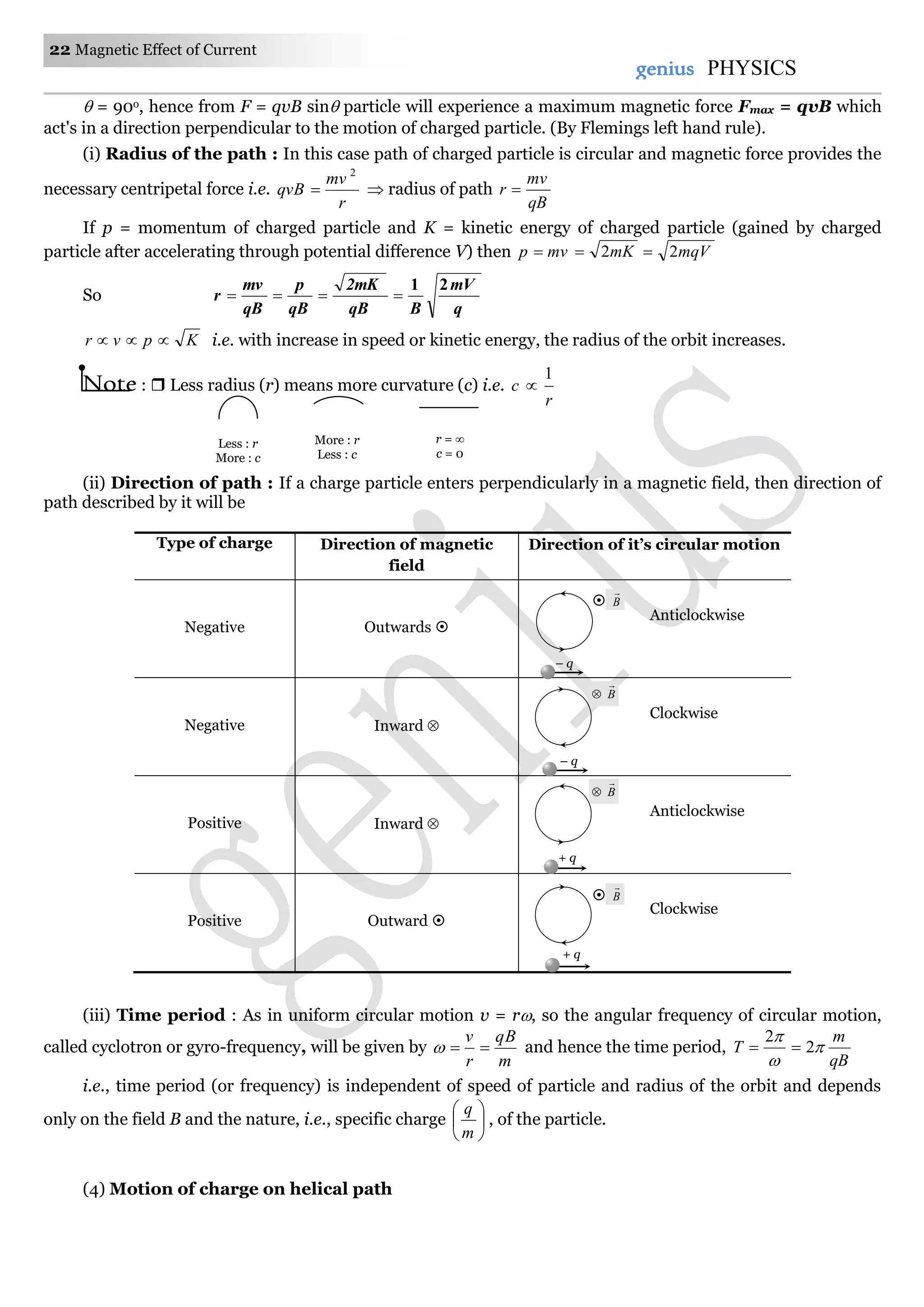 22 Magnetic Effect of Current
genius PHYSICS
 = 90o, hence from F = qvB sin particle will experience a maximum magnetic force Fmax = qvB which
act's in a direction perpendicular to the motion of charged particle. (By Flemings left hand rule).
(i) Radius of the path : In this case path of charged particle is circular and magnetic force provides the
necessary centripetal force i.e.
r
mv
qvB
2
  radius of path
qB
mv
r 
If p = momentum of charged particle and K = kinetic energy of charged particle (gained by charged
particle after accelerating through potential difference V) then mqVmKmvp 22 
So
q
mV
BqB
2mK
qB
p
qB
mv
r
21

Kpvr  i.e. with increase in speed or kinetic energy, the radius of the orbit increases.
Note :  Less radius (r) means more curvature (c) i.e.
r
c
1

(ii) Direction of path : If a charge particle enters perpendicularly in a magnetic field, then direction of
path described by it will be
Type of charge Direction of magnetic
field
Direction of it’s circular motion
Negative Outwards 
Anticlockwise
Negative Inward 
Clockwise
Positive Inward 
Anticlockwise
Positive Outward 
Clockwise
(iii) Time period : As in uniform circular motion v = r, so the angular frequency of circular motion,
called cyclotron or gyro-frequency, will be given by
m
qB
r
v
 and hence the time period,
qB
m
T 


2
2

i.e., time period (or frequency) is independent of speed of particle and radius of the orbit and depends
only on the field B and the nature, i.e., specific charge 





m
q
, of the particle.
(4) Motion of charge on helical path
Less : r
More : c
More : r
Less : c
r = 
c = 0
 B

– q
B


– q
B


+ q
 B

+ q
 