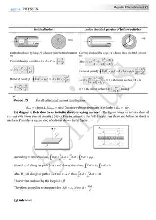 Magnetic Effect of Current 17
17genius PHYSICS
Solid cylinder Inside the thick portion of hollow cylinder
Current enclosed by loop (i) is lesser then the total current
(i)
Current density is uniform i.e. J = J 
'
'
A
i
A
i

 







 2
2
'
'
R
r
i
A
A
ii
Hence at point Q   '. 0ildB   2
2
0
2
R
ir
rB

 
 2
0
.
2 R
ir
B



Current enclosed by loop (i) is lesser then the total current
(i)
Also
)(
)('
' 2
1
2
2
2
1
2
RR
Rr
i
A
A
ii



Hence at point Q   '. 0ildB  
)(
)(
2 2
1
2
2
2
1
2
0
RR
Rr
irB


 

)(
)(
.
2 2
1
2
2
2
1
2
0
RR
Rr
r
i
B





. If r = R1 (inner surface) B = 0
If r = R2 (outer surface)
2
0
2 R
i
B


 (max.)
Note :  For all cylindrical current distributions
Baxis = 0 (min.), Bsurface = max (distance r always from axis of cylinder), Bout  1/r.
(2) Magnetic field due to an infinite sheet carrying current : The figure shows an infinite sheet of
current with linear current density j (A/m). Due to symmetry the field line pattern above and below the sheet is
uniform. Consider a square loop of side l as shown in the figure.
According to Ampere’s law, idlBdlBdlBdlB
a
d
d
c
c
b
b
a
0....   .
Since B  dl along the path b  c and d  a, therefore, 0. 
c
b
dlB ; 0. 
a
d
dlB
Also, B || dl along the path a  b and c  d, thus BldlBdlB
a
d
b
a
2..  
The current enclosed by the loop is i = jl
Therefore, according to Ampere’s law )(2 0 jlBl  or
2
0 j
B


(3) Solenoid
r Loop
i
R r
Loop
i
P
a b
l
cd
B
l
Q
R1
R2
Loop
 