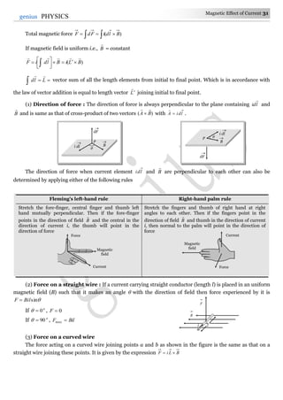 Magnetic Effect of Current 31
31genius PHYSICS
Total magnetic force   )( BldiFdF
If magnetic field is uniform i.e., B

= constant
)( BLiBldiF




 
 Lld

vector sum of all the length elements from initial to final point. Which is in accordance with
the law of vector addition is equal to length vector L

 joining initial to final point.
(1) Direction of force : The direction of force is always perpendicular to the plane containing lid

and
B

and is same as that of cross-product of two vectors )( BA

 with ldiA 

.
The direction of force when current element ldi and B

are perpendicular to each other can also be
determined by applying either of the following rules
Fleming’s left-hand rule Right-hand palm rule
Stretch the fore-finger, central finger and thumb left
hand mutually perpendicular. Then if the fore-finger
points in the direction of field B

and the central in the
direction of current i, the thumb will point in the
direction of force
Stretch the fingers and thumb of right hand at right
angles to each other. Then if the fingers point in the
direction of field B

and thumb in the direction of current
i, then normal to the palm will point in the direction of
force
(2) Force on a straight wire : If a current carrying straight conductor (length l) is placed in an uniform
magnetic field (B) such that it makes an angle  with the direction of field then force experienced by it is
sinBilF 
If o
0 , 0F
If o
90 , BilF max
(3) Force on a curved wire
The force acting on a curved wire joining points a and b as shown in the figure is the same as that on a
straight wire joining these points. It is given by the expression BLiF 
B

dF

i dl
 P

B

dF

i dl

P 
Force
Magnetic
field
Current
i l
B
F
Current
Force
Magnetic
field
 