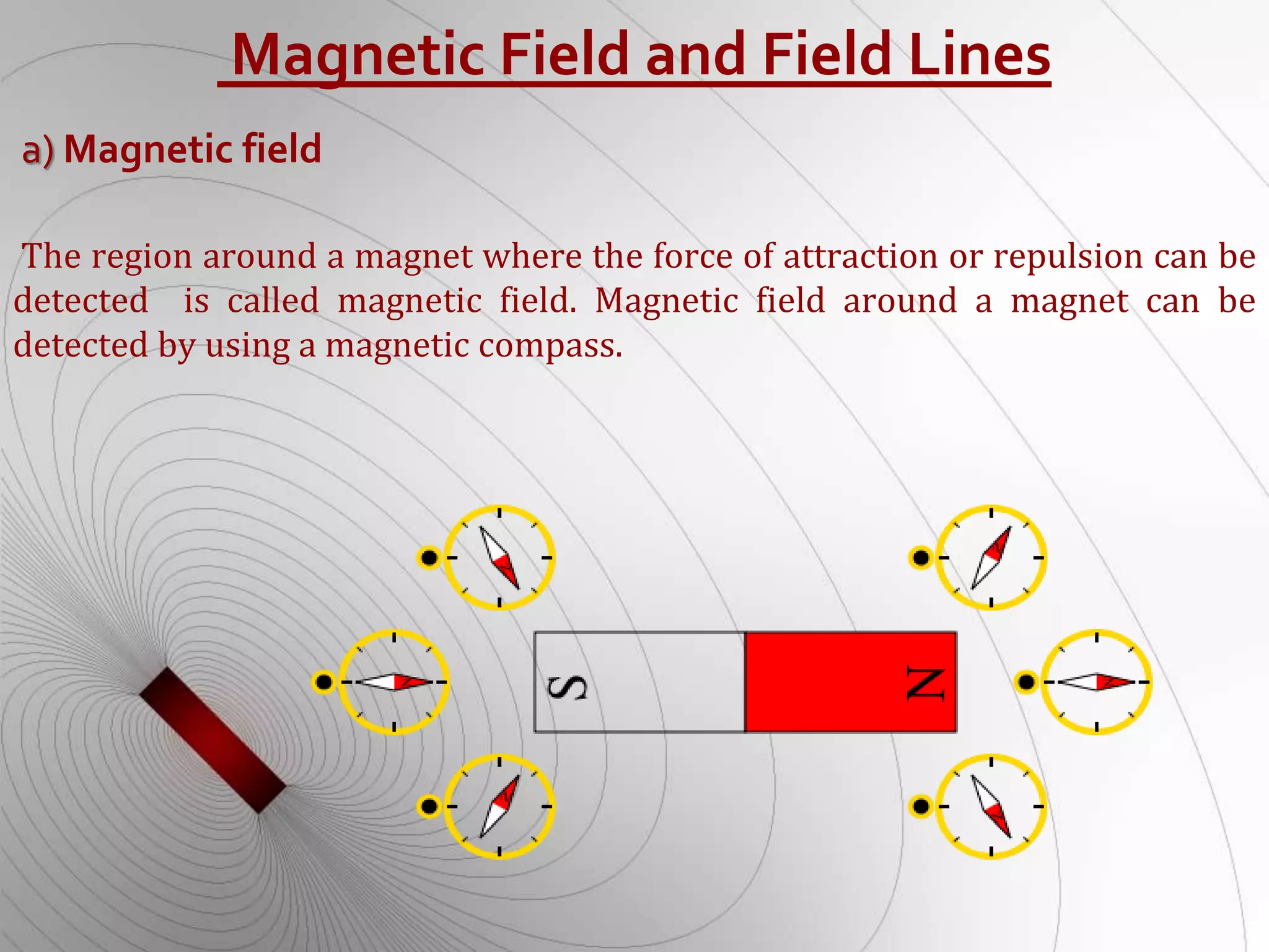 Magnetic Field and Field Lines
a) Magnetic field
The region around a magnet where the force of attraction or repulsion can be
detected is called magnetic field. Magnetic field around a magnet can be
detected by using a magnetic compass.
 