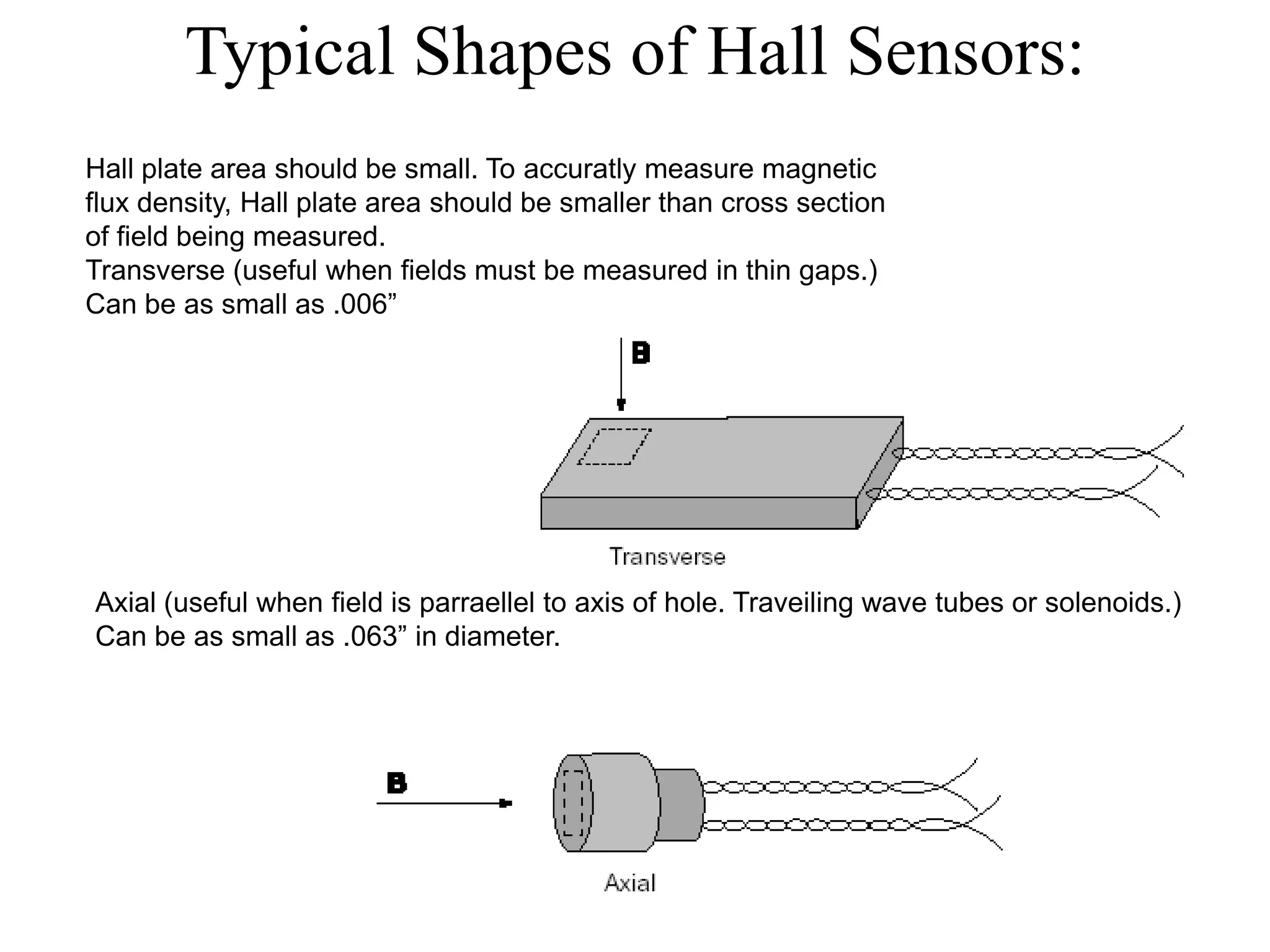 Typical Shapes of Hall Sensors:
Hall plate area should be small. To accuratly measure magnetic
flux density, Hall plate area should be smaller than cross section
of field being measured.
Transverse (useful when fields must be measured in thin gaps.)
Can be as small as .006”




Axial (useful when field is parraellel to axis of hole. Traveiling wave tubes or solenoids.)
Can be as small as .063” in diameter.
 