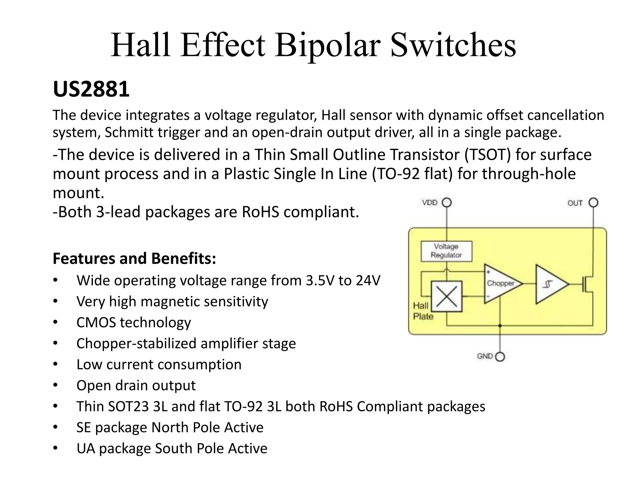 Hall Effect Bipolar Switches
US2881
The device integrates a voltage regulator, Hall sensor with dynamic offset cancellation
system, Schmitt trigger and an open-drain output driver, all in a single package.
-The device is delivered in a Thin Small Outline Transistor (TSOT) for surface
mount process and in a Plastic Single In Line (TO-92 flat) for through-hole
mount.
-Both 3-lead packages are RoHS compliant.

Features and Benefits:
•   Wide operating voltage range from 3.5V to 24V
•   Very high magnetic sensitivity
•   CMOS technology
•   Chopper-stabilized amplifier stage
•   Low current consumption
•   Open drain output
•   Thin SOT23 3L and flat TO-92 3L both RoHS Compliant packages
•   SE package North Pole Active
•   UA package South Pole Active
 
