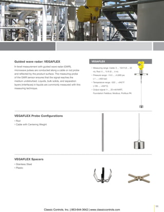 11
VEGAFLEX
▪▪ Measuring range: Cable: 0 ... 104 ft (0 ... 32
m), Rod: 0 ... 13 ft (0 ... 4 m)
▪▪ Pressure range: -14.5 ... +5,800 psi
(-1 ... +400 bar)
▪▪ Temperature range: -320 ... +842°F
(-195 ... +450°C)
▪▪ Output signal: 4 … 20 mA/HART,
Foundation Fieldbus, Modbus, Profibus PA
Guided wave radar: VEGAFLEX
In level measurement with guided wave radar (GWR),
microwave pulses are conducted along a cable or rod probe
and reflected by the product surface. The measuring probe
of the GWR sensor ensures that the signal reaches the
medium undisturbed. Liquids, bulk solids, and separation
layers (interfaces) in liquids are commonly measured with this
measuring technique.
VEGAFLEX Probe Configurations
▪▪ Rod
▪▪ Cable with Centering Weight
VEGAFLEX Spacers
▪▪ Stainless Steel
▪▪ Plastic
Classic Controls, Inc. | 863-644-3642 | www.classiccontrols.com
 