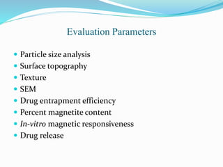Evaluation Parameters
 Particle size analysis
 Surface topography
 Texture
 SEM
 Drug entrapment efficiency
 Percent magnetite content
 In-vitro magnetic responsiveness
 Drug release
 