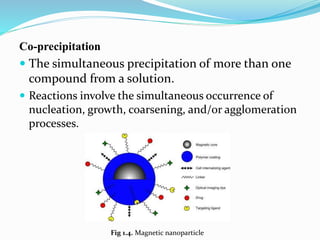 Co-precipitation
 The simultaneous precipitation of more than one
compound from a solution.
 Reactions involve the simultaneous occurrence of
nucleation, growth, coarsening, and/or agglomeration
processes.
Fig 1.4. Magnetic nanoparticle
 