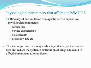 Physiological parameters that affect the MMDDS
 Efficiency of accumulation of magnetic carrier depends on
physiological parameters
 Particle size
 Surface characteristic
 Field strength
 Blood flow rate etc
• This technique give us a major advantage that target the specific
area and reduce the systemic distribution of drugs and result in
effective treatment at lower doses.
 
