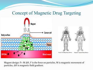 Concept of Magnetic Drug Targeting
Magnet design: F= M ΔH, F is the force on particles, M is magnetic movement of
particles, ΔH is magnetic field gradient.
 