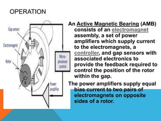 An Active Magnetic Bearing (AMB)
consists of an electromagnet
assembly, a set of power
amplifiers which supply current
to the electromagnets, a
controller, and gap sensors with
associated electronics to
provide the feedback required to
control the position of the rotor
within the gap.
The power amplifiers supply equal
bias current to two pairs of
electromagnets on opposite
sides of a rotor.
OPERATION
Gap
 