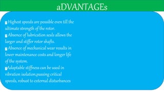 aDVANTAGEs
Highest speeds are possible even till the
ultimate strength of the rotor.
Absence of lubrication seals allows the
larger and stiffer rotor shafts.
Absence of mechanical wear results in
lower maintenance costs and longer life
of the system.
Adaptable stiffness can be used in
vibration isolation,passing critical
speeds, robust to external disturbances
 