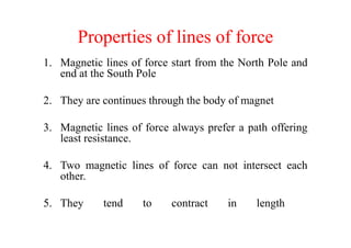 Properties of lines of force
1. Magnetic lines of force start from the North Pole and
end at the South Pole
2. They are continues through the body of magnet
3. Magnetic lines of force always prefer a path offering3. Magnetic lines of force always prefer a path offering
least resistance.
4. Two magnetic lines of force can not intersect each
other.
5. They tend to contract in length
 