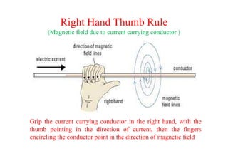 Right Hand Thumb Rule
(Magnetic field due to current carrying conductor )
Grip the current carrying conductor in the right hand, with the
thumb pointing in the direction of current, then the fingers
encircling the conductor point in the direction of magnetic field
 