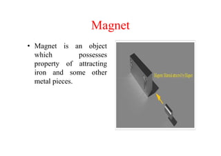Magnet
• Magnet is an object
which possesses
property of attracting
iron and some other
metal pieces.metal pieces.
 