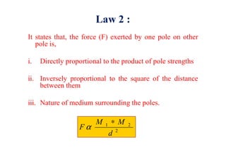 Law 2 :
It states that, the force (F) exerted by one pole on other
pole is,
i. Directly proportional to the product of pole strengths
ii. Inversely proportional to the square of the distanceii. Inversely proportional to the square of the distance
between them
iii. Nature of medium surrounding the poles.
2
21
d
MM
F
∗
α
 