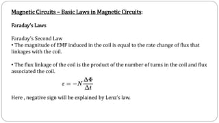 Magnetic Circuits – Basic Laws in Magnetic Circuits:
Faraday’s Laws
Faraday’s Second Law
• The magnitude of EMF induced in the coil is equal to the rate change of flux that
linkages with the coil.
• The flux linkage of the coil is the product of the number of turns in the coil and flux
associated the coil.
Here , negative sign will be explained by Lenz’s law.
 