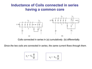 Inductance of Coils connected in series
having a common core
Coils connected in series in (a) cumulatively (b) differentially
Since the two coils are connected in series, the same current flows through them.
 
