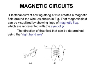 MAGNETIC CIRCUITS
Electrical current flowing along a wire creates a magnetic
field around the wire, as shown in Fig. That magnetic field
can be visualized by showing lines of magnetic flux,
which are represented with the symbol φ.
The direction of that field that can be determined
using the “right hand rule”
 