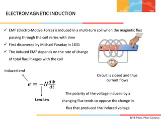BITS Pilani, Pilani Campus
ELECTROMAGNETIC INDUCTION
 EMF (Electro-Motive-Force) is induced in a multi-turn coil when the magnetic flux
passing through the coil varies with time
 First discovered by Michael Faraday in 1831
 The induced EMF depends on the rate of change
of total flux linkages with the coil
𝑒 = −𝑁 𝑑Φ
𝑑𝑡
Induced emf
Lenz law
The polarity of the voltage induced by a
changing flux tends to oppose the change in
flux that produced the induced voltage
Circuit is closed and thus
current flows
 