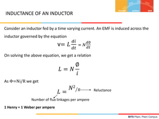 BITS Pilani, Pilani Campus
v= 𝐿
𝑑𝑖
𝑑𝑡
= 𝑁
𝑑∅
𝑑𝑡
Consider an inductor fed by a time varying current. An EMF is induced across the
inductor governed by the equation
On solving the above equation, we get a relation
𝐿 = 𝑁
∅
𝑖
As Φ=Ni/R we get
𝐿 =
𝑁2
𝑅 Reluctance
Number of flux linkages per ampere
1 Henry = 1 Weber per ampere
INDUCTANCE OF AN INDUCTOR
 