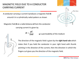 BITS Pilani, Pilani Campus
MAGNETIC FIELD DUE TO A CONDUCTOR
CARRYING CURRENT
A conductor carrying a current I produces a magnetic field B
around it in a cylindrically radial pattern as shown
The direction of the magnetic field is given by the right hand rule which
states that if you hold the conductor in your right hand with thumb
pointing in the direction of the current, then the direction in which the
fingers curl gives you the direction of the magnetic field.
𝑩 =
𝝁𝑰
𝟐𝝅𝒅
Magnetic Field B at a radial distance d from the conductor
carrying current I is given by
μ is permeability of the medium
 