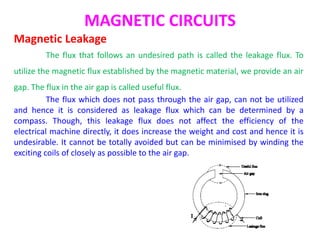 MAGNETIC CIRCUITS
Magnetic Leakage
The flux that follows an undesired path is called the leakage flux. To
utilize the magnetic flux established by the magnetic material, we provide an air
gap. The flux in the air gap is called useful flux.
The flux which does not pass through the air gap, can not be utilized
and hence it is considered as leakage flux which can be determined by a
compass. Though, this leakage flux does not affect the efficiency of the
electrical machine directly, it does increase the weight and cost and hence it is
undesirable. It cannot be totally avoided but can be minimised by winding the
exciting coils of closely as possible to the air gap.
 