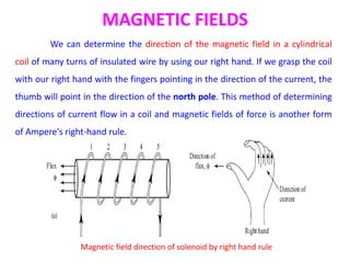 MAGNETIC FIELDS
We can determine the direction of the magnetic field in a cylindrical
coil of many turns of insulated wire by using our right hand. If we grasp the coil
with our right hand with the fingers pointing in the direction of the current, the
thumb will point in the direction of the north pole. This method of determining
directions of current flow in a coil and magnetic fields of force is another form
of Ampere's right-hand rule.
Magnetic field direction of solenoid by right hand rule
 