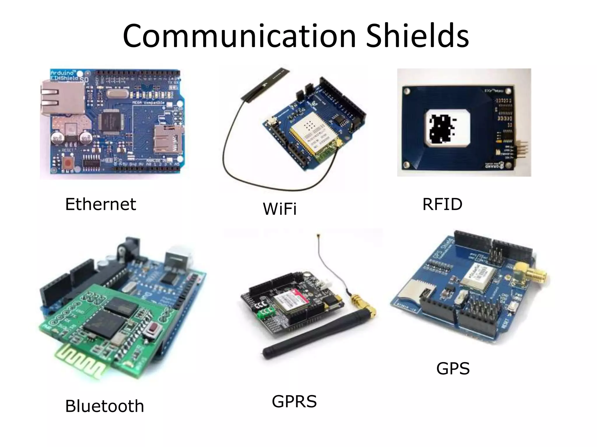 Communication Shields



Ethernet      WiFi      RFID




                         GPS

Bluetooth      GPRS
 