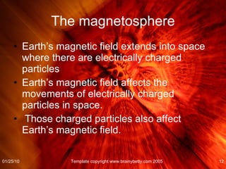 The magnetosphere Earth’s magnetic field extends into space where there are electrically charged particles Earth’s magnetic field affects the movements of electrically charged particles in space. Those charged particles also affect Earth’s magnetic field.  01/25/10 Template copyright www.brainybetty.com 2005 